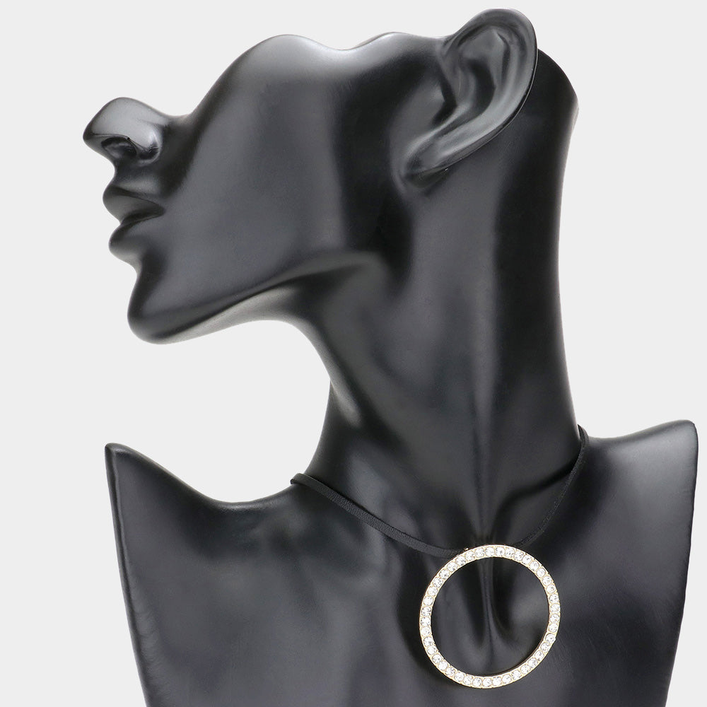 Madeline Love Gold Rhinestone Paved Open Circle Pendant Faux Leather Choker Necklace - Necklaces