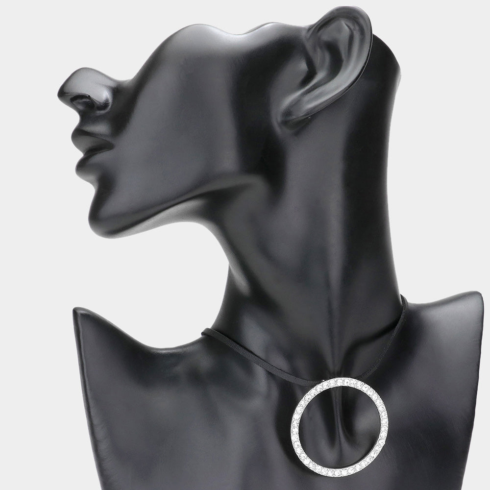 Madeline Love Rhodium Rhinestone Paved Open Circle Pendant Faux Leather Choker Necklace - Necklaces