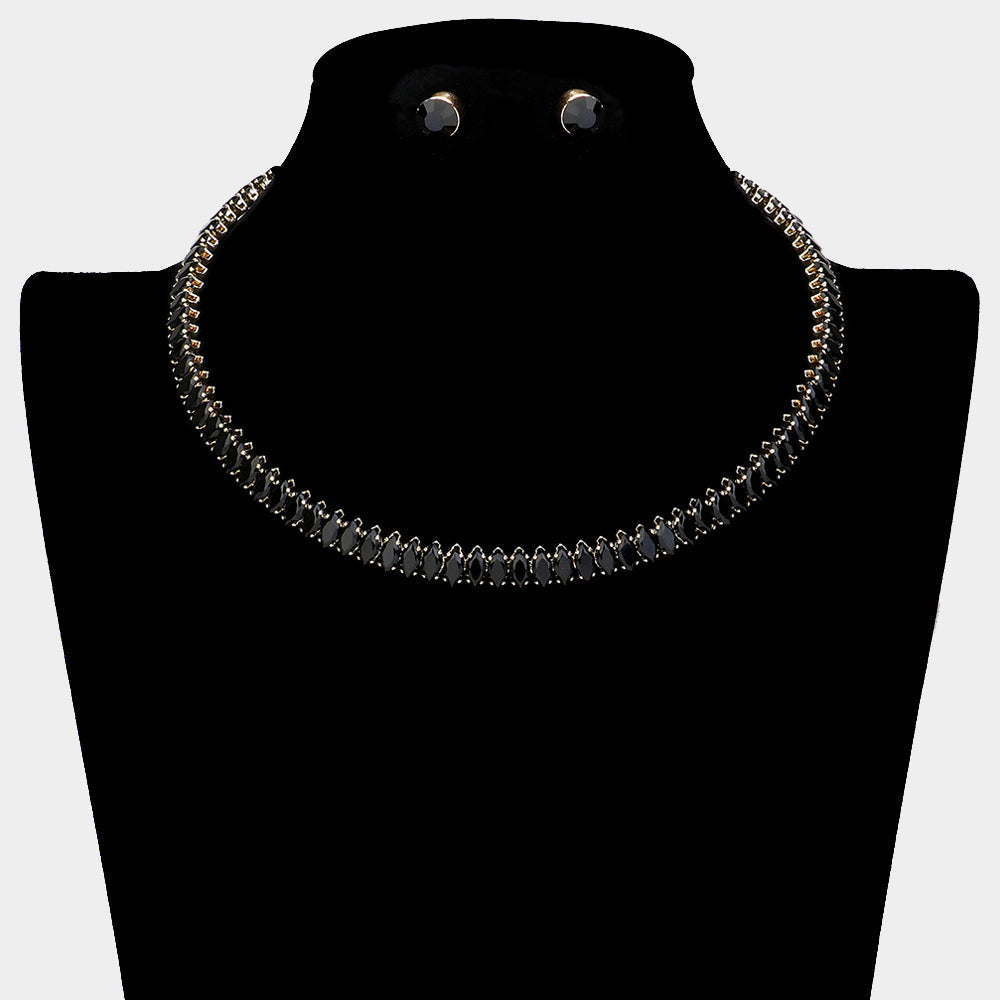 Madeline Love Gold, Jet Black Marquise Stone Cluster Evening Choker Necklace - Necklaces