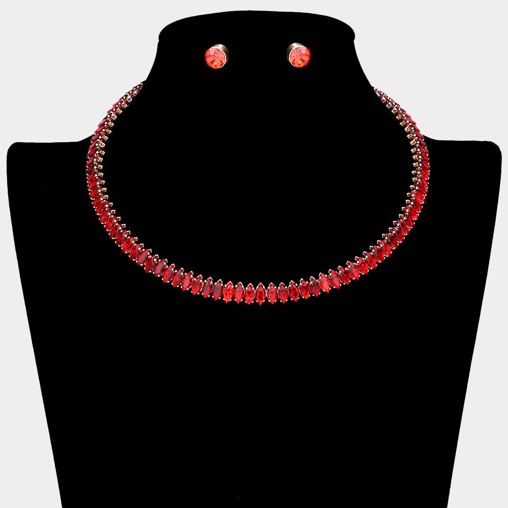Madeline Love Gold, Siam Marquise Stone Cluster Evening Choker Necklace - Necklaces