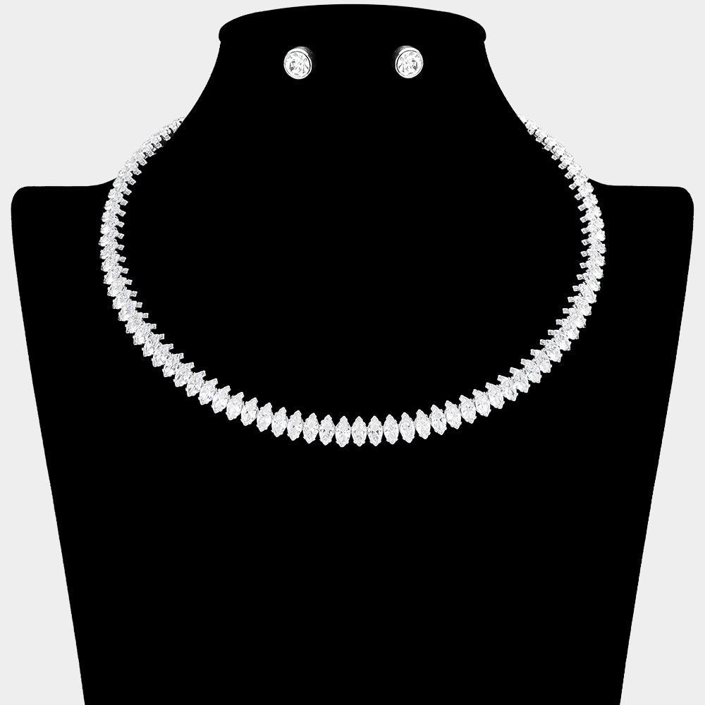 Madeline Love Rhodium Marquise Stone Cluster Evening Choker Necklace - Necklaces