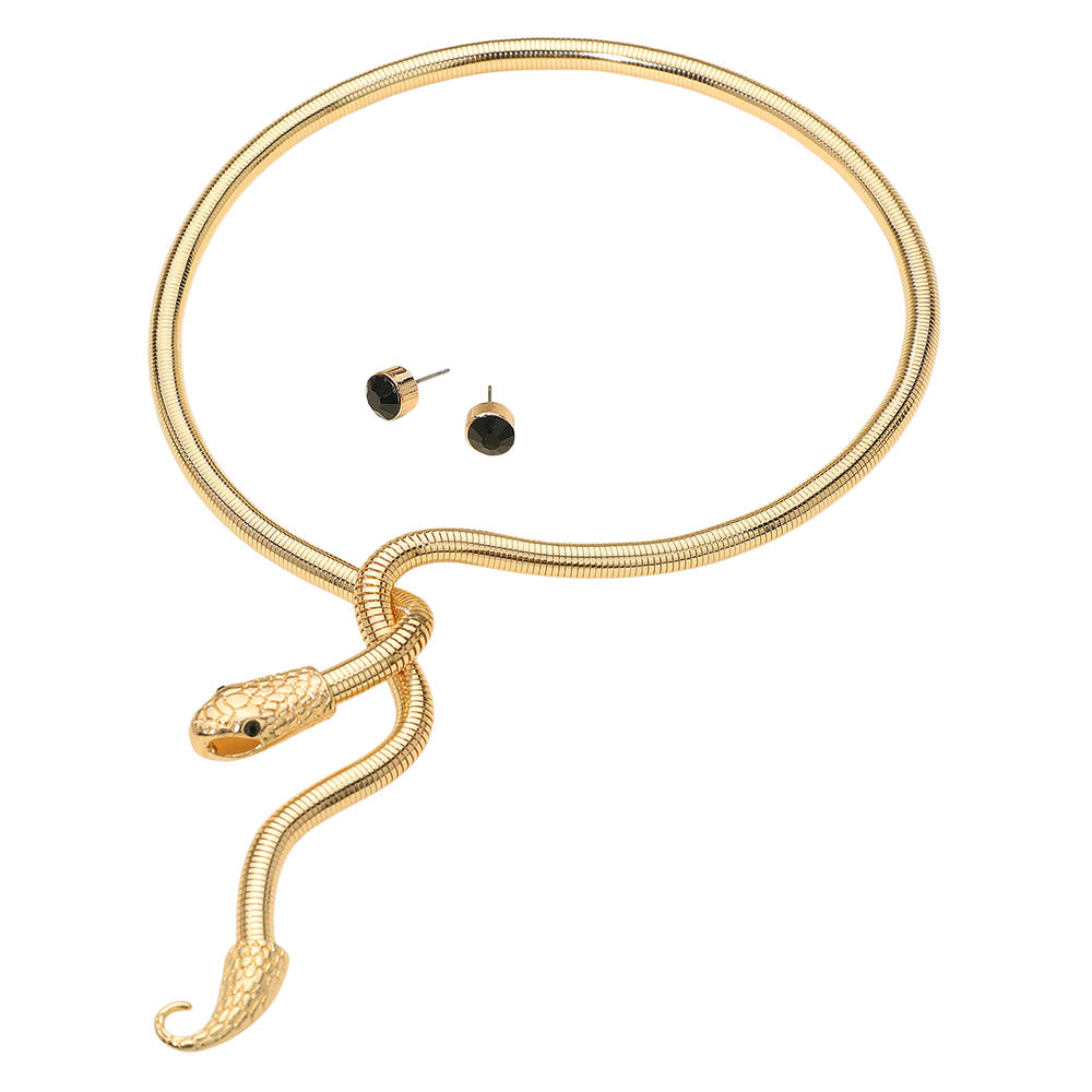 Madeline Love Black, Gold Snake Drop Choker Necklace - Necklaces - extra