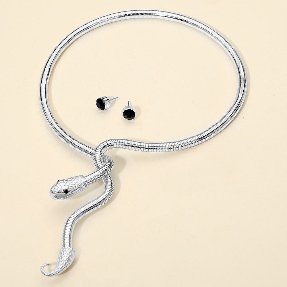 Madeline Love Black, Rhodium Snake Drop Choker Necklace - Necklaces