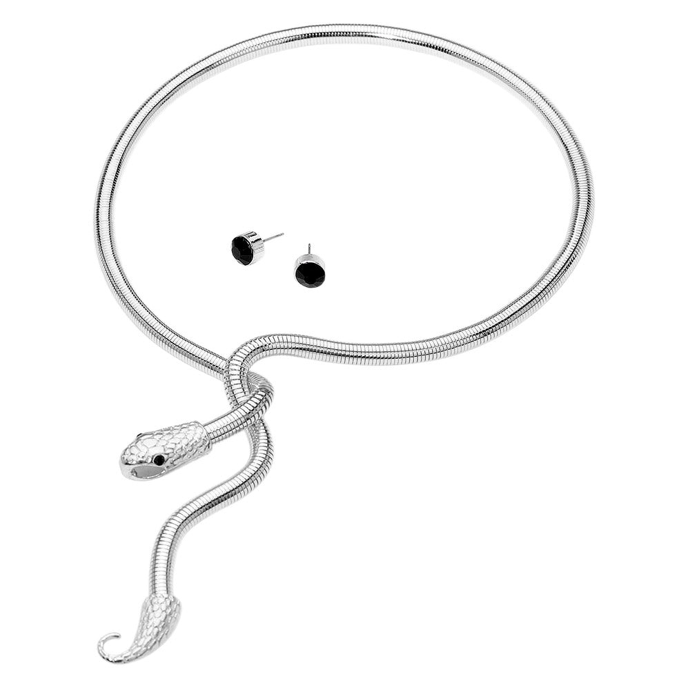 Madeline Love Black, Rhodium Snake Drop Choker Necklace - Necklaces - extra