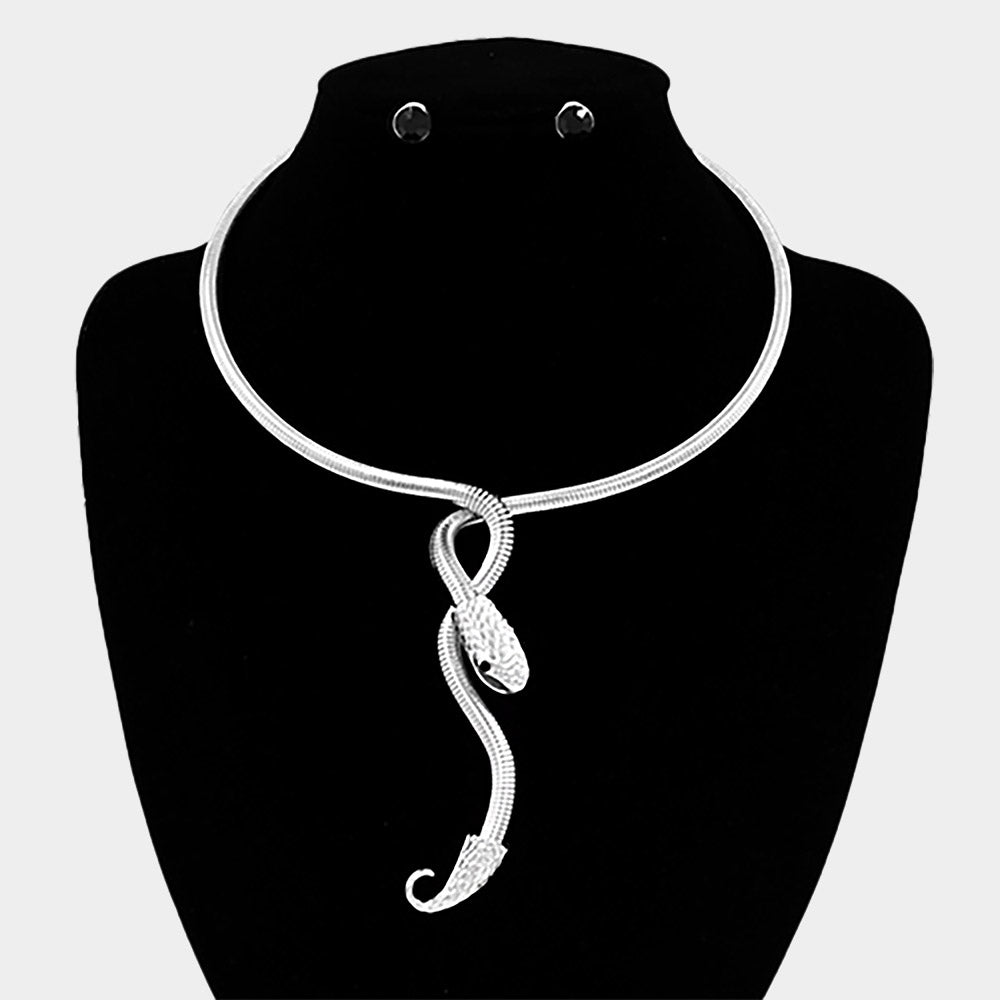 Madeline Love Black, Rhodium Snake Drop Choker Necklace - Necklaces - extra