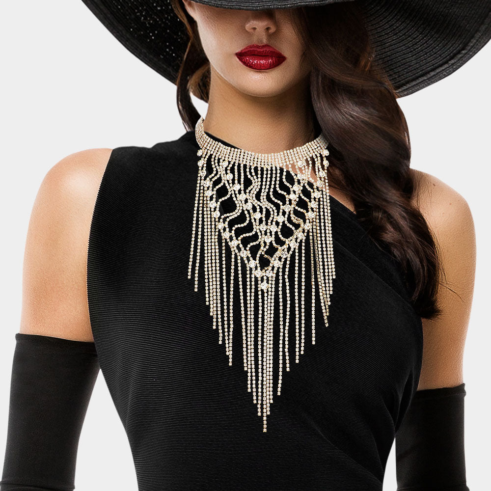 Madeline Love Gold Round Stone Pointed Long Dropped Rhinestone Fringe Choker Necklace - Necklaces