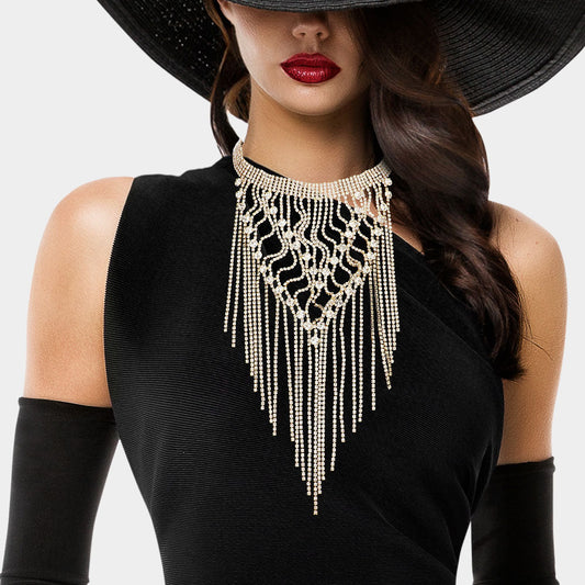 Madeline Love Gold Round Stone Pointed Long Dropped Rhinestone Fringe Choker Necklace - Necklaces