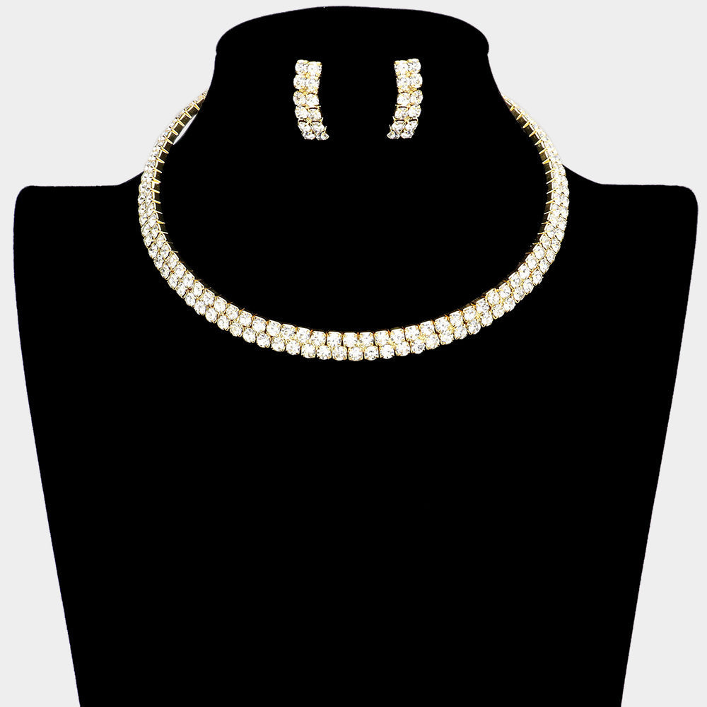 Madeline Love Gold 2-Row crystal Rhinestone Banded Open Choker Necklace - Necklaces