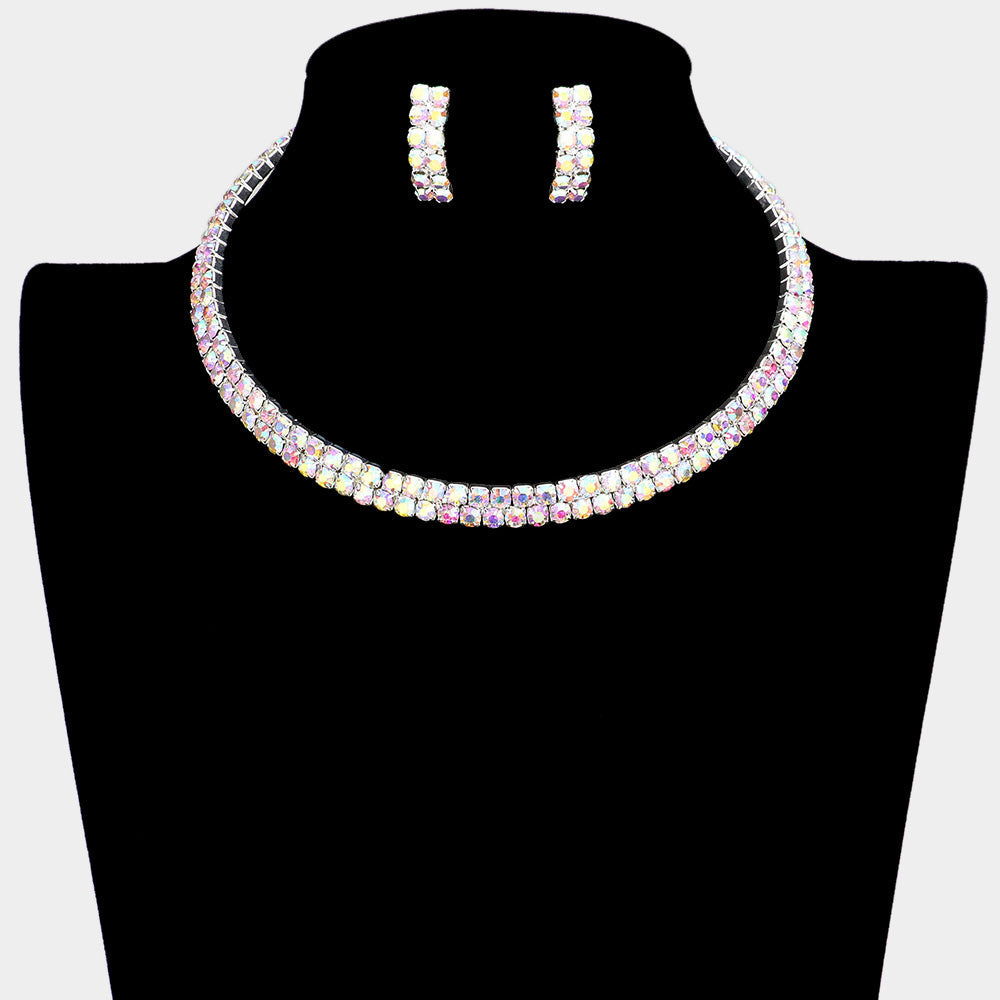 Madeline Love AB, Silver 2-Row crystal Rhinestone Banded Open Choker Necklace - Necklaces