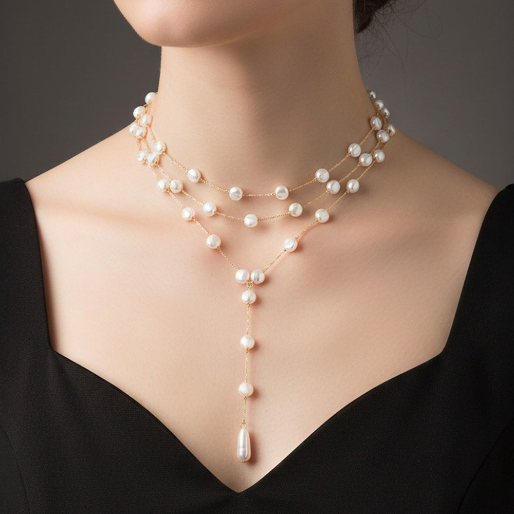 Madeline Love Cream, Gold Elegant Multi-Layer Pearl Drop Choker Necklace