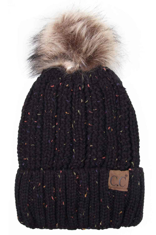 Black The C.C Fuzzy Fleece Lining Knit Beanie with Pom combines a soft knit exterior with a cozy fleece lining for extra warmth and comfort on chilly days. Finished with a fluffy pom-pom on top, it adds a cute and stylish touch to your winter wardrobe.