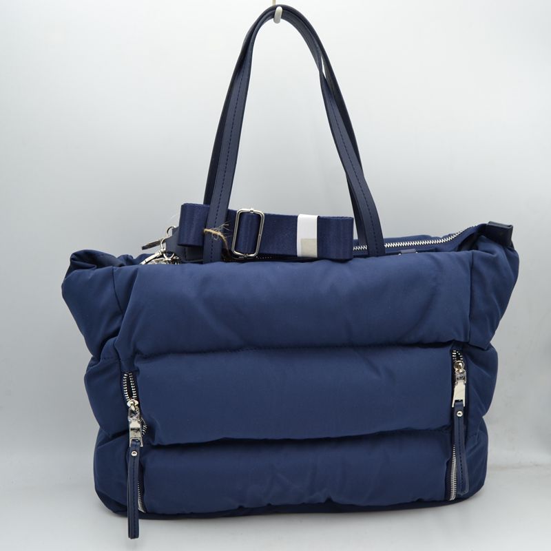 Padded Puffer Tote Bag with Front Zipper Pockets and Removable Strap - Navy blue - Tote Bag
