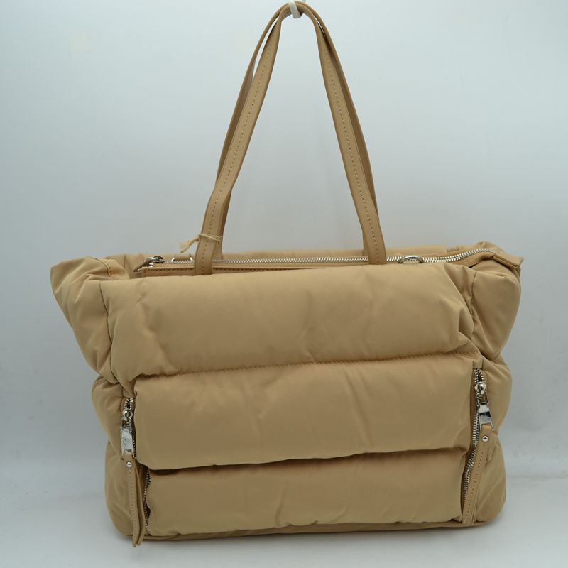 Padded Puffer Tote Bag with Front Zipper Pockets and Removable Strap - Taupe - Tote Bag