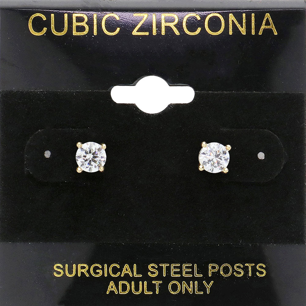 Clear, Gold 5mm Round CZ Stud Earrings
