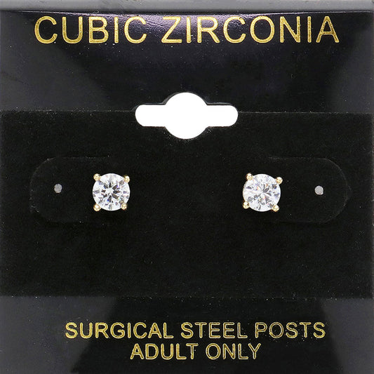 Clear, Gold 5mm Round CZ Stud Earrings
