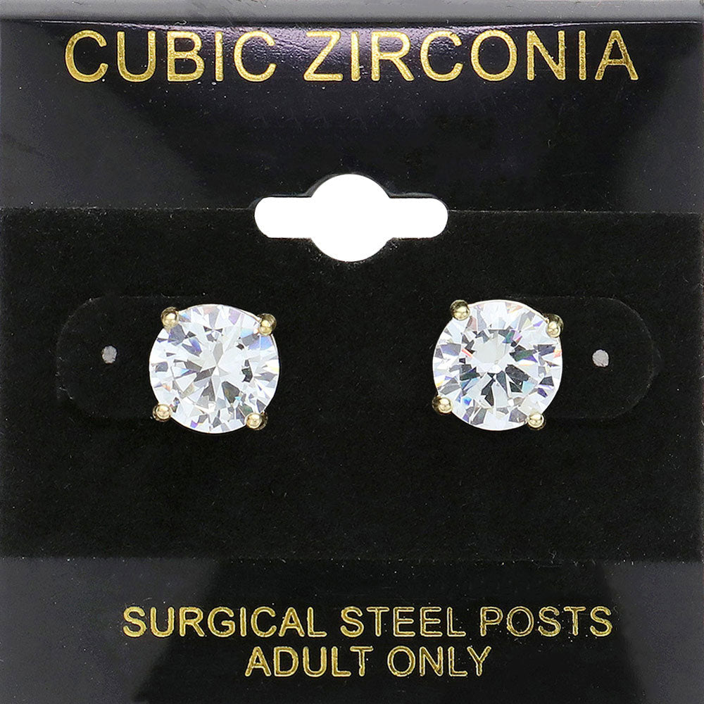 Clear, Gold 9mm Round CZ Stud Earrings