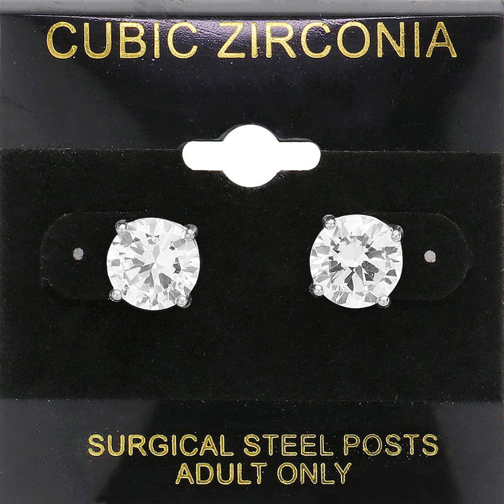 Clear, Silver 9mm Round CZ Stud Earrings