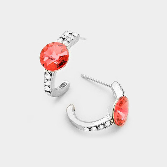 Pink, Silver Round Cut Genuine Crystal Half Hoop Earrings