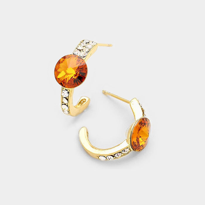 Gold, Topaz Round Cut Genuine Crystal Half Hoop Earrings