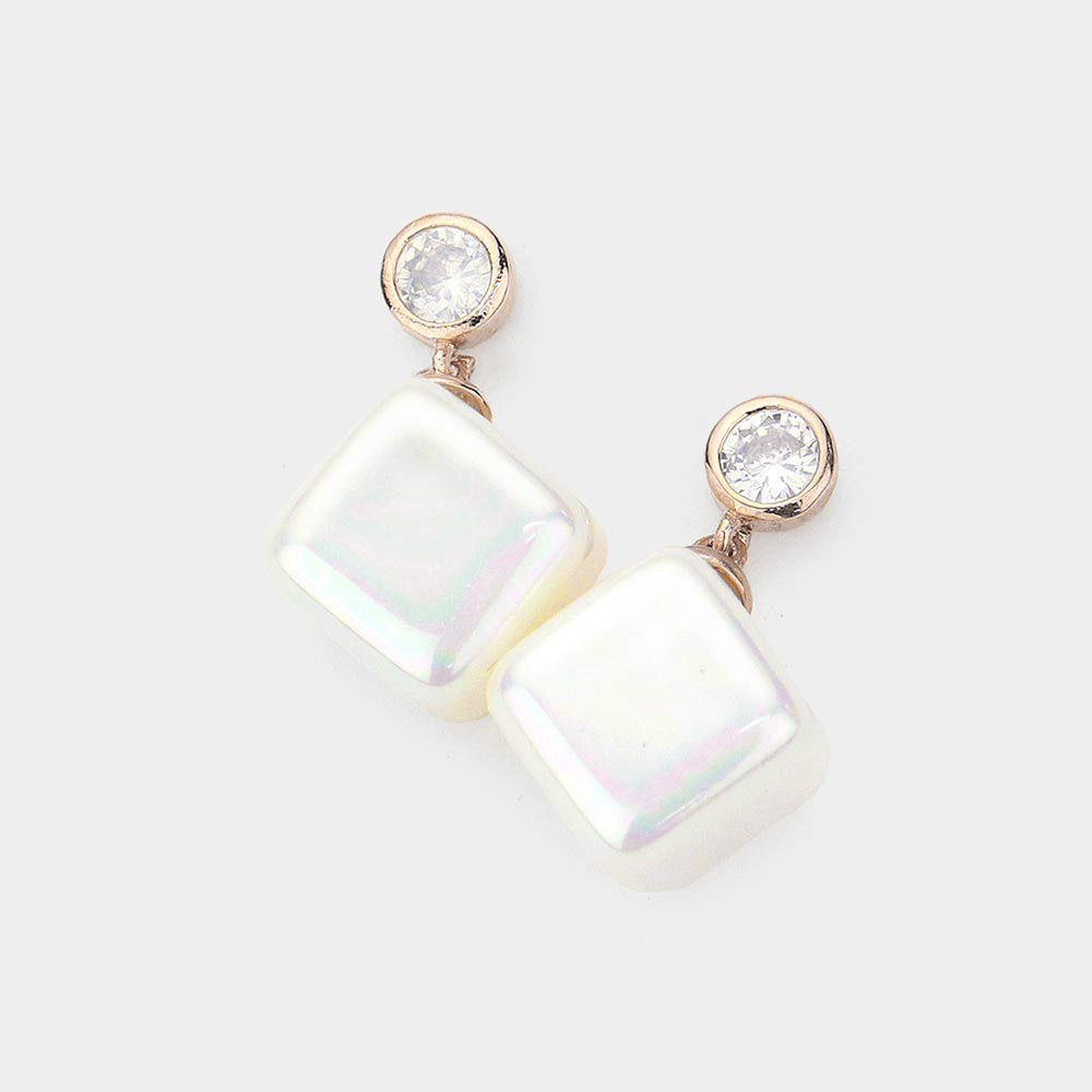 Gold Crystal Cubic Zirconia Cube Pearl Earrings