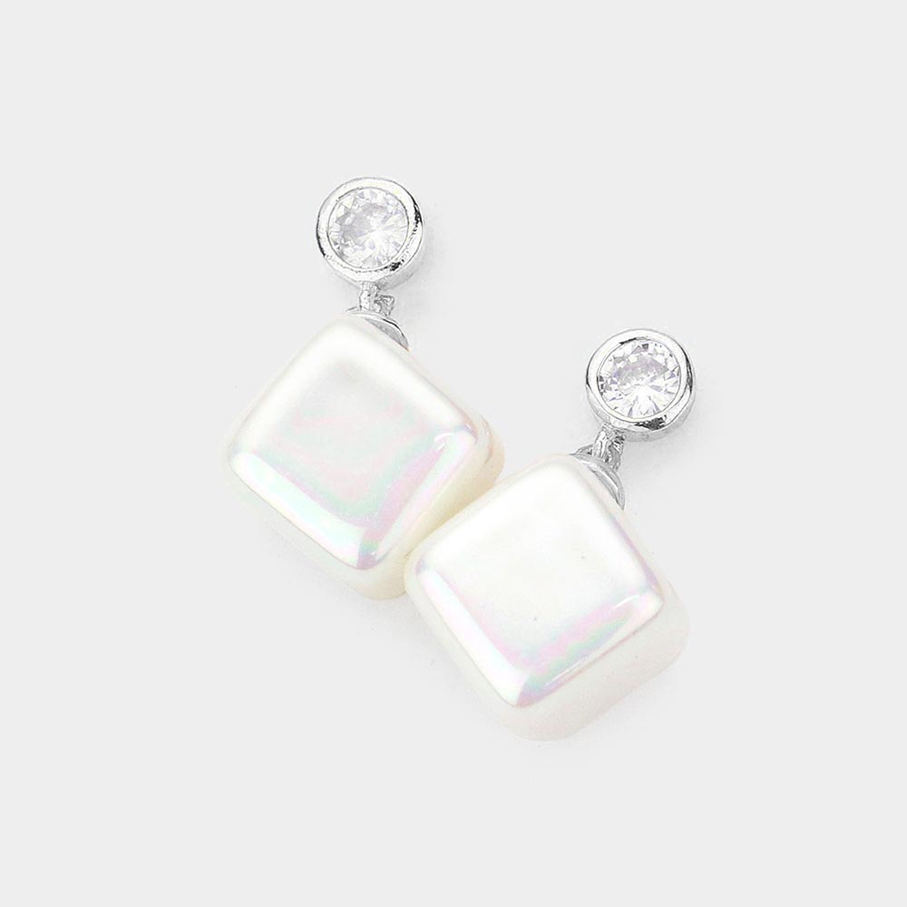 Rhodium Crystal Cubic Zirconia Cube Pearl Earrings