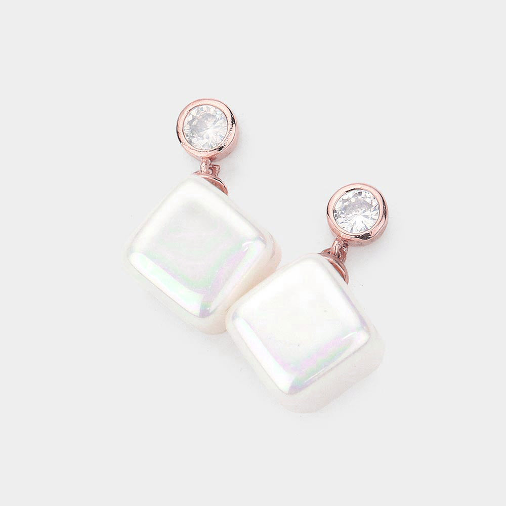 Rose Gold Crystal Cubic Zirconia Cube Pearl Earrings