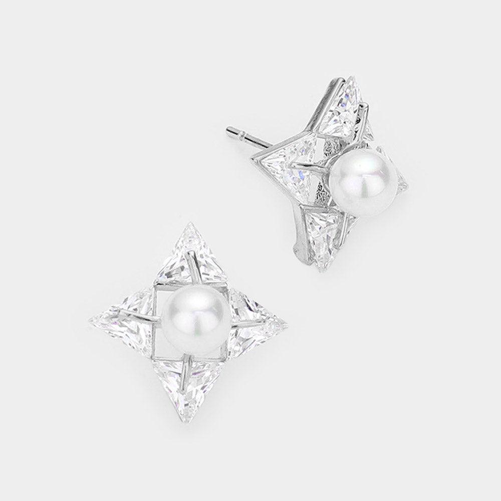 Rhodium Crystal  cubic zirconia CZ pearl art deco earrings