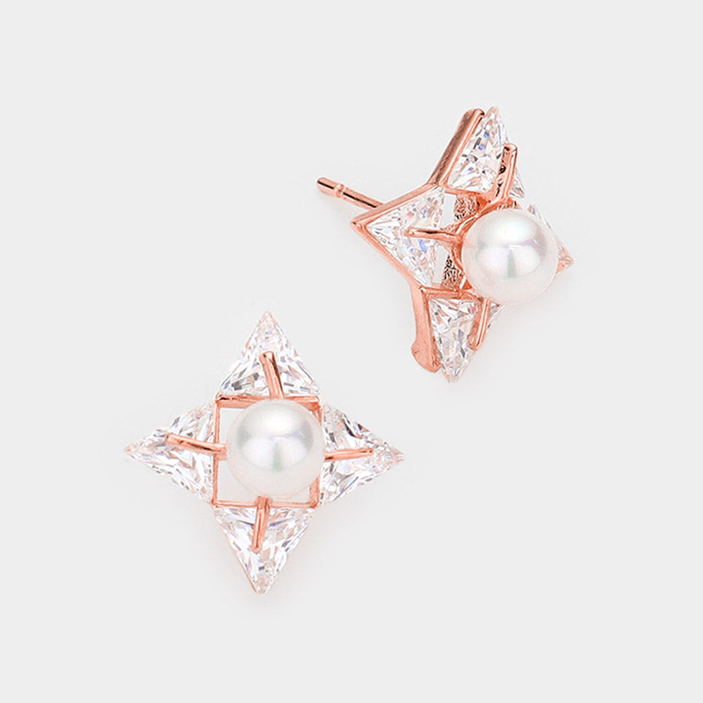 Rose Gold Crystal  cubic zirconia CZ pearl art deco earrings