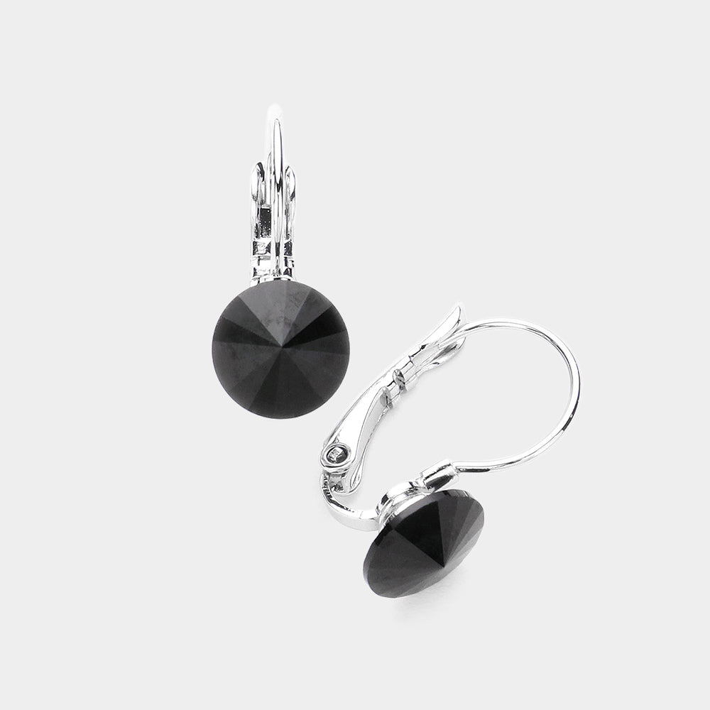 Jet Black, Silver Genuine Round Crystal Lever Back Earrings