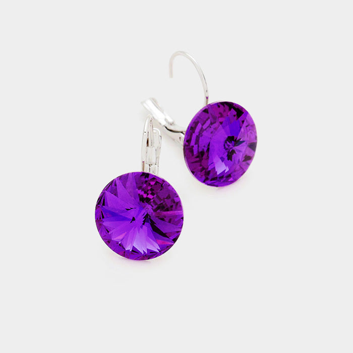 Amethyst , Silver Genuine Round Crystal Lever Back Earrings