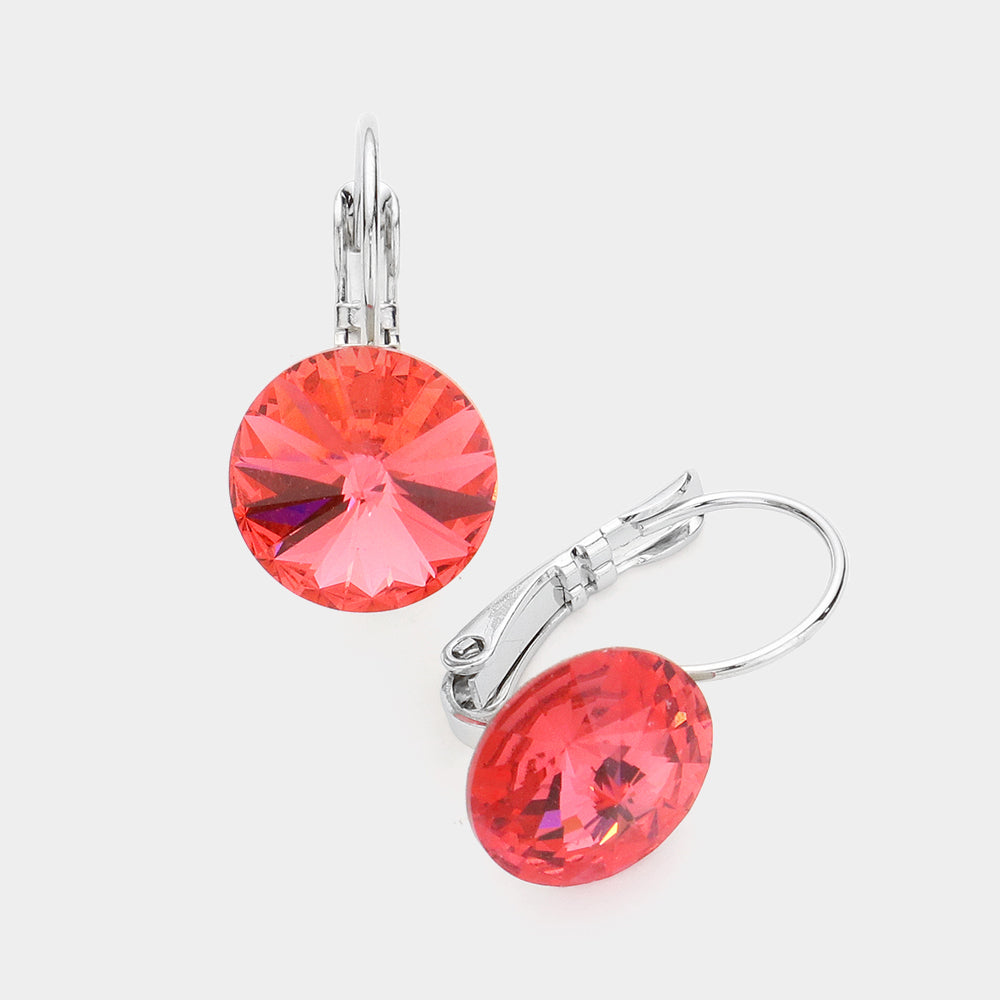 Coral Genuine Round Crystal Lever Back Earrings