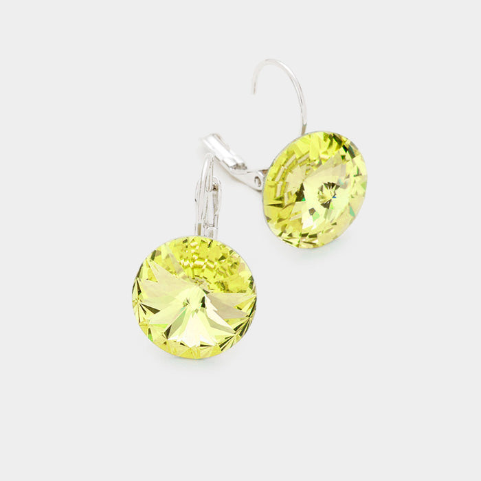 Green Genuine Round Crystal Lever Back Earrings