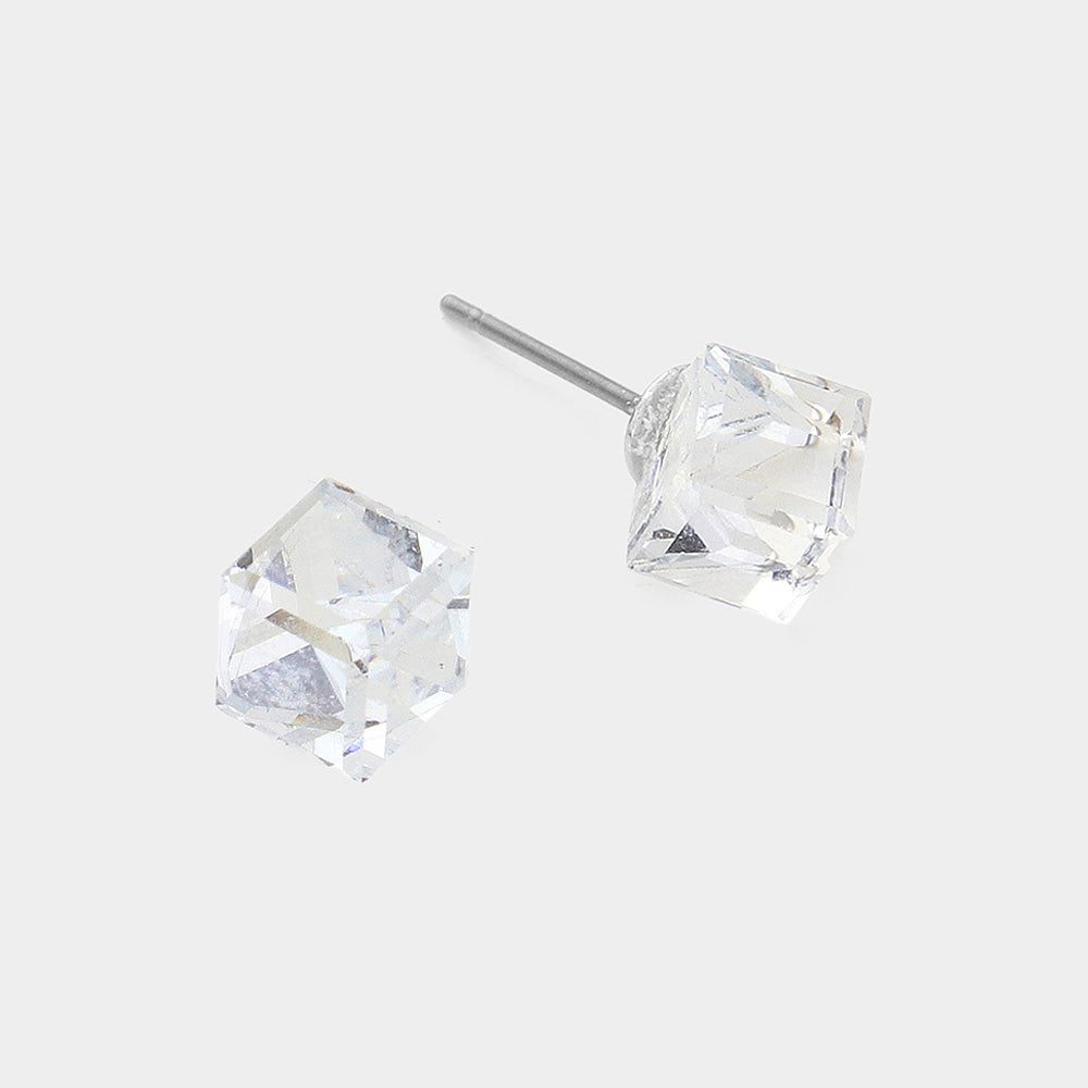Clear Genuine Crystal Cube Stud Earrings