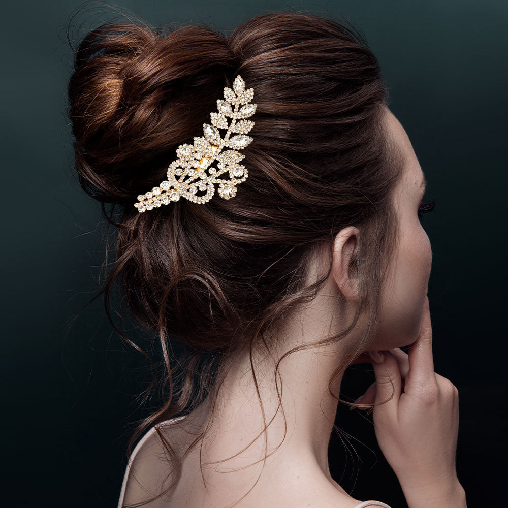 Madeline Love Clear, Gold Marquise Rhinestone Leaf Bouquet Hair Comb - Hair Accessories