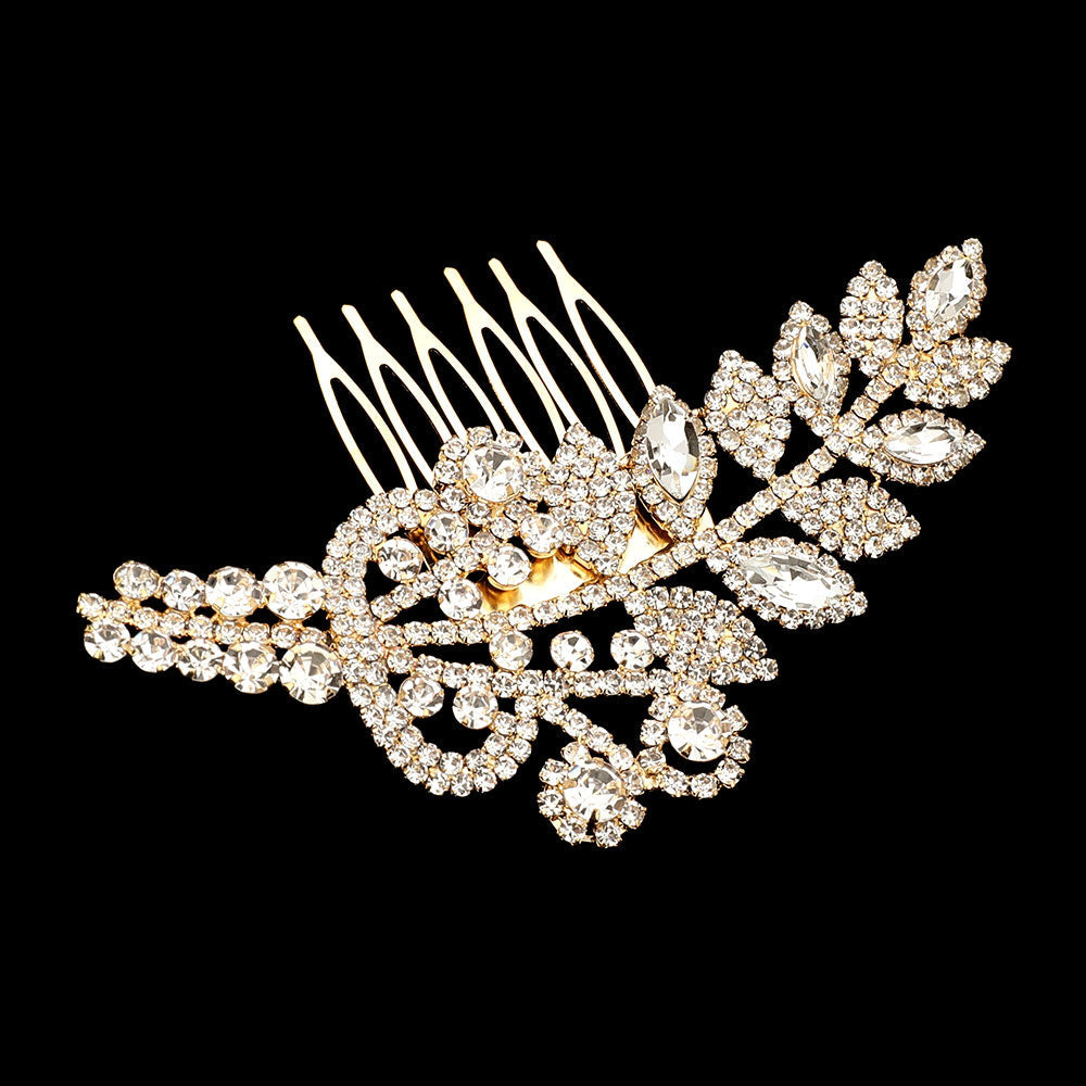 Madeline Love Clear, Gold Marquise Rhinestone Leaf Bouquet Hair Comb - Hair Accessories - desc