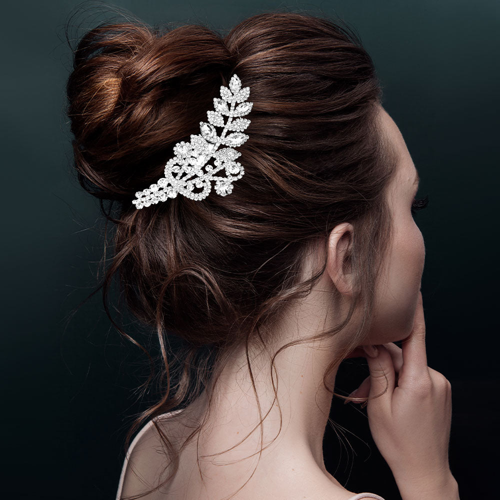 Madeline Love Clear, Silver Marquise Rhinestone Leaf Bouquet Hair Comb - Hair Accessories