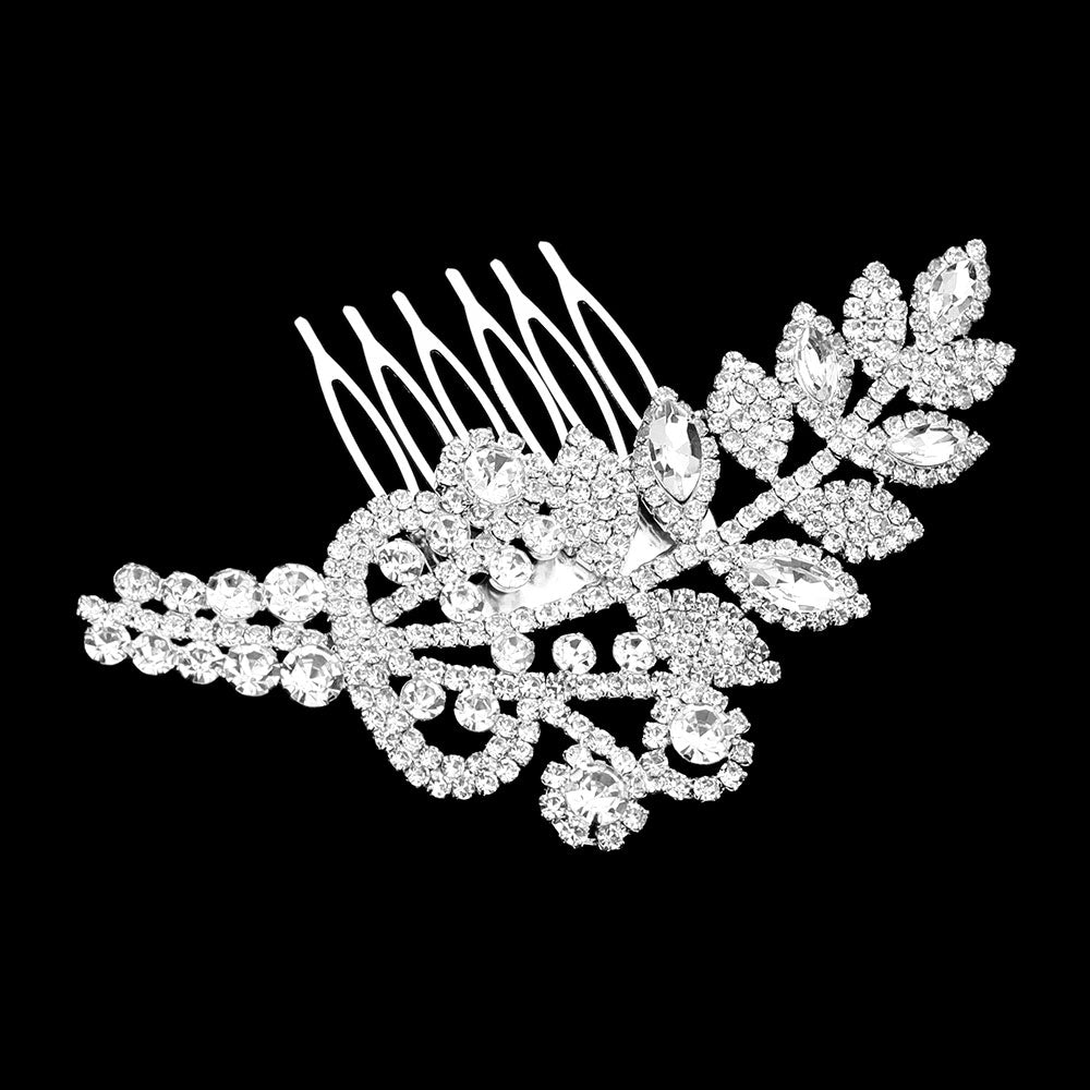 Madeline Love Clear, Silver Marquise Rhinestone Leaf Bouquet Hair Comb - Hair Accessories - desc