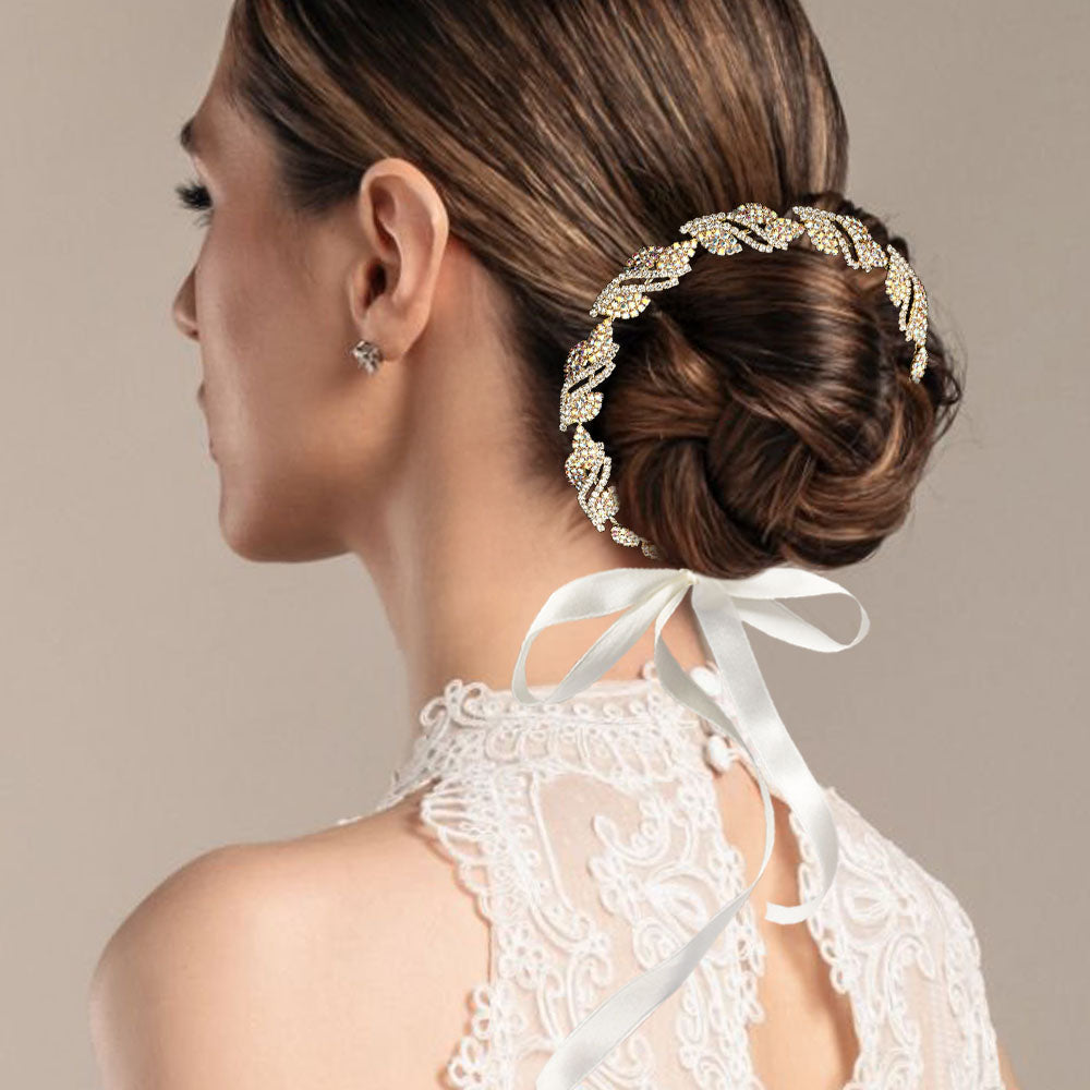 Madeline Love AB, Gold Rhinestone Paved Leaf Vine Wrap Headpiece - Hair Accessories