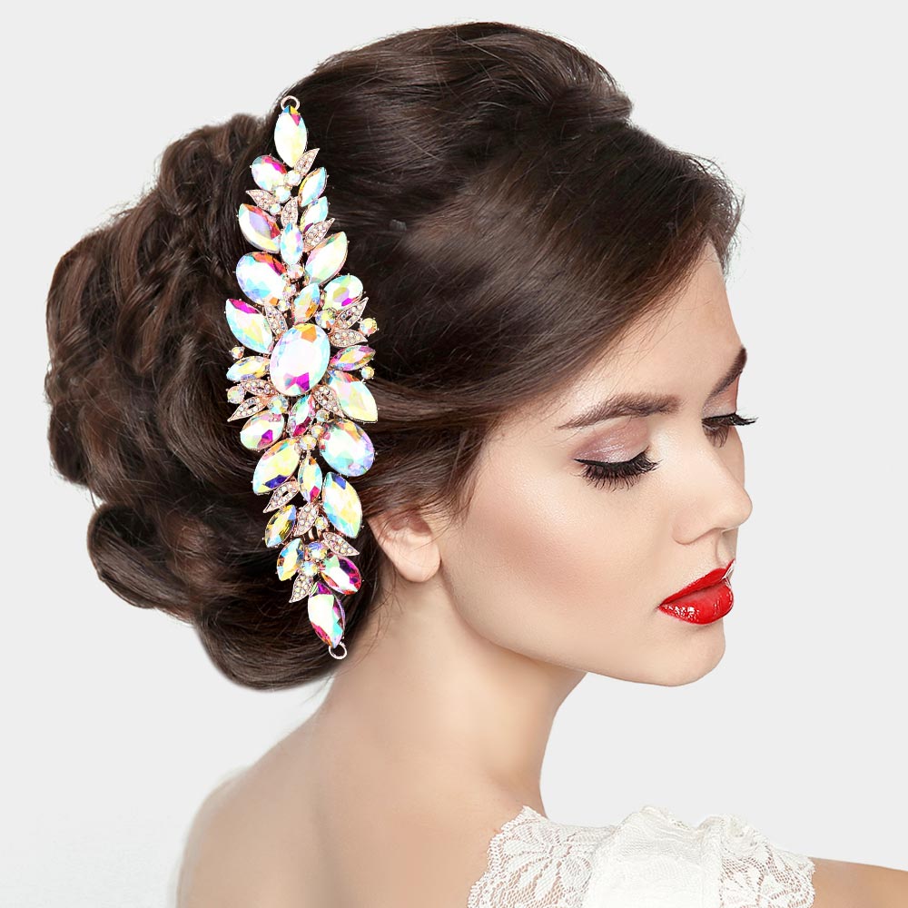 Madeline Love AB, Rose Gold Marquise Oval Stone Cluster Hair Comb - Hair Accessories