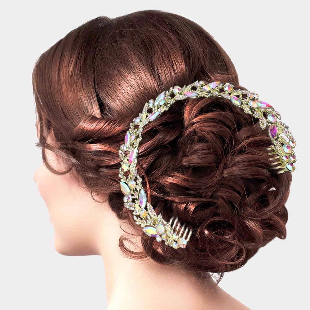 Madeline Love AB, Gold Marquise Stone Leaf Cluster Bun Hair Comb - Hair Accessories