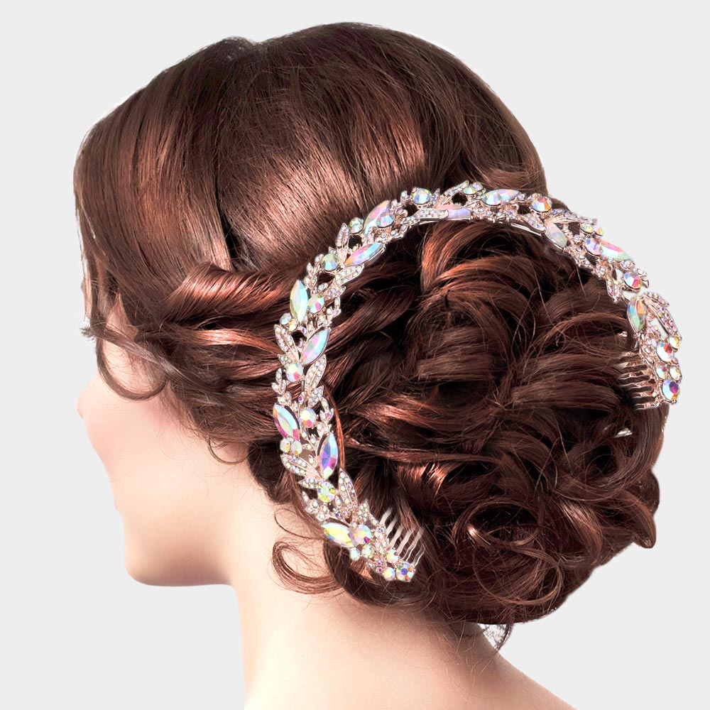 Madeline Love AB, Rose Gold Marquise Stone Leaf Cluster Bun Hair Comb - Hair Accessories