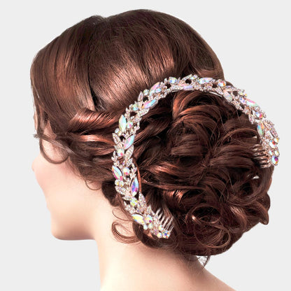 Madeline Love AB, Rose Gold Marquise Stone Leaf Cluster Bun Hair Comb - Hair Accessories