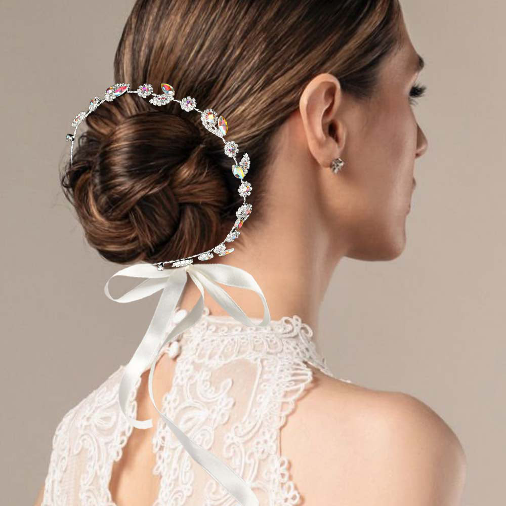 Madeline Love AB, Silver Floral Marquise Stone Cluster Vine Bun Wrap Headpiece - Hair Accessories