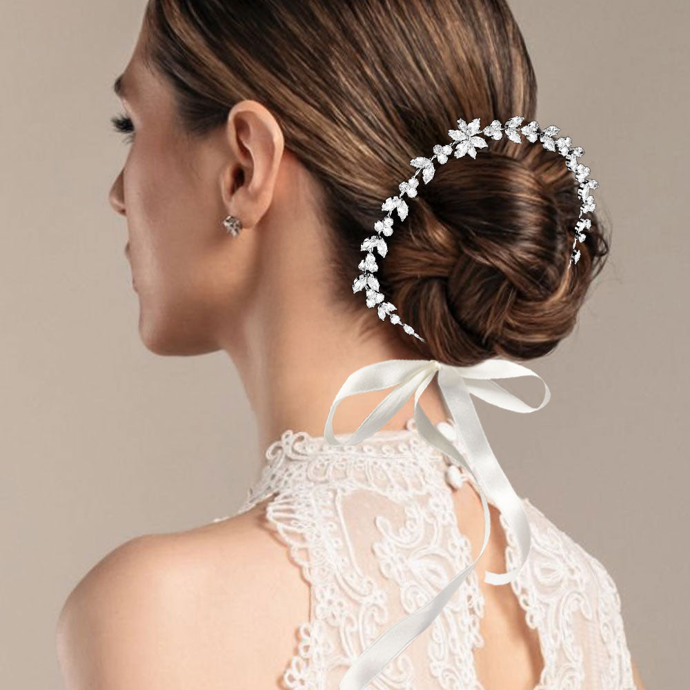 Madeline Love Clear, Silver CZ Flower Stone Cluster Accent Vine Bun Wrap Headpiece - Hair Accessories