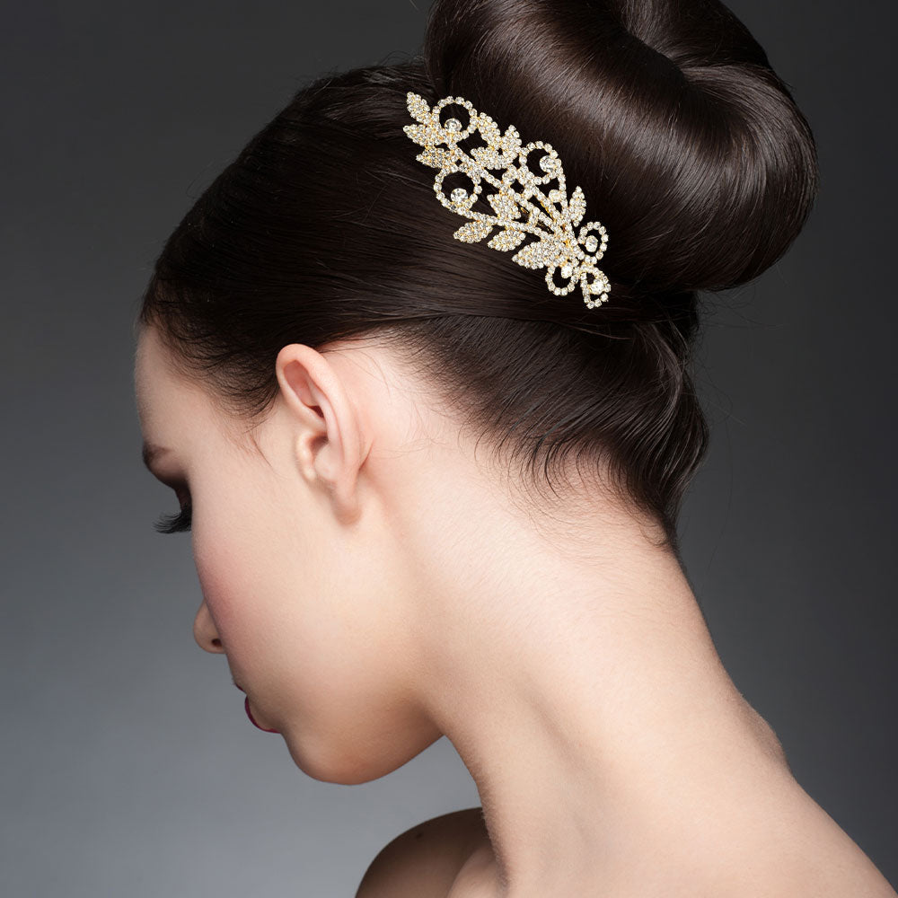 Madeline Love Clear, Gold Rhinestone Embellished Floral Hair Comb - Hair Accessories