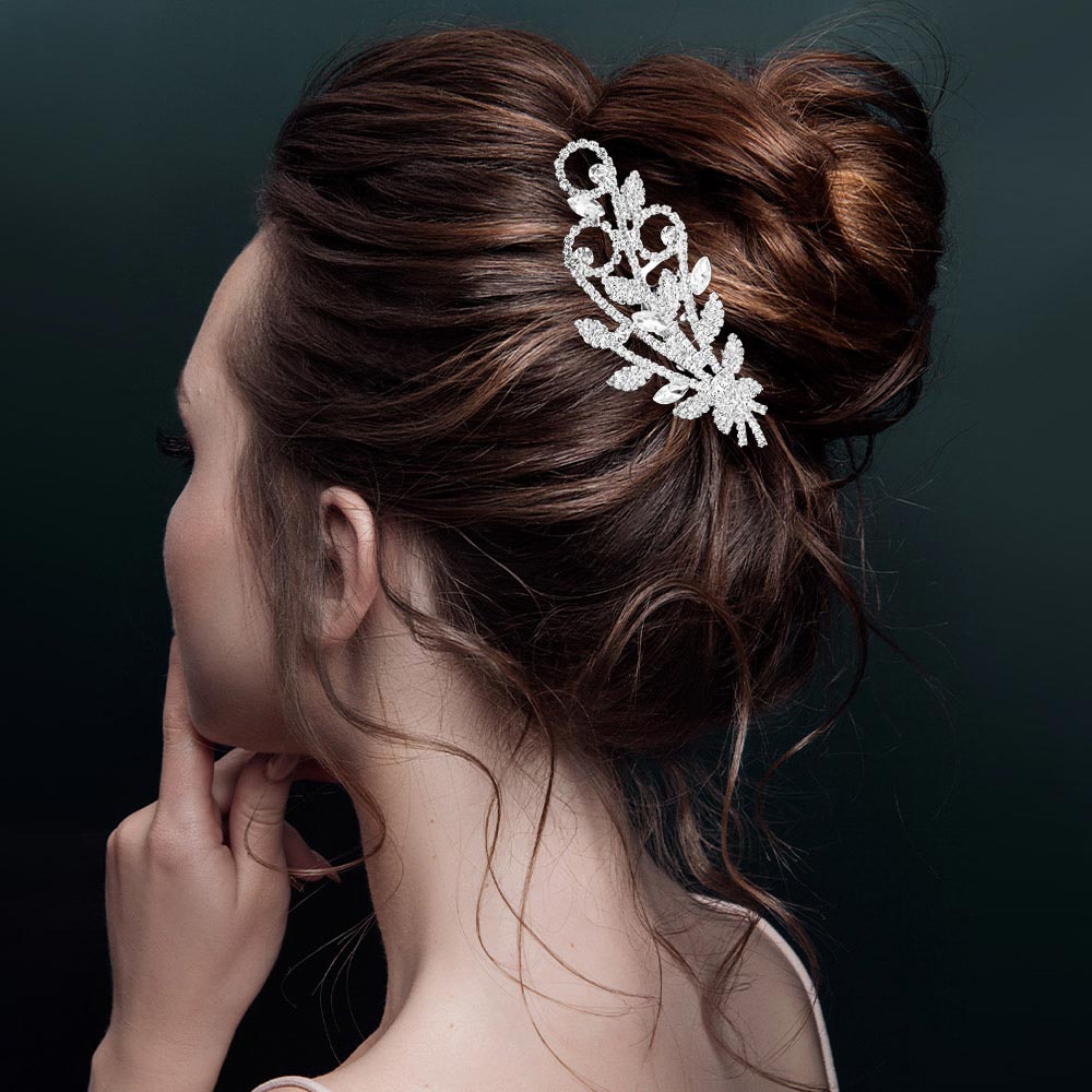 Madeline Love Clear, Silver Rhinestone Paved Leaf Floral Hair Comb - Hair Accessories