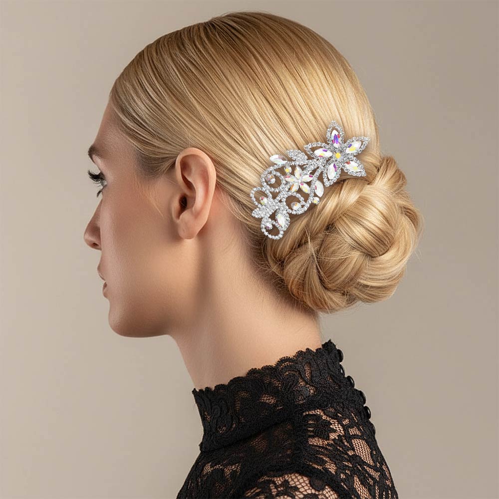 Madeline Love AB, Silver Marquise Stone Cluster Rhinestone Pave Floral Hair Comb - Hair Accessories