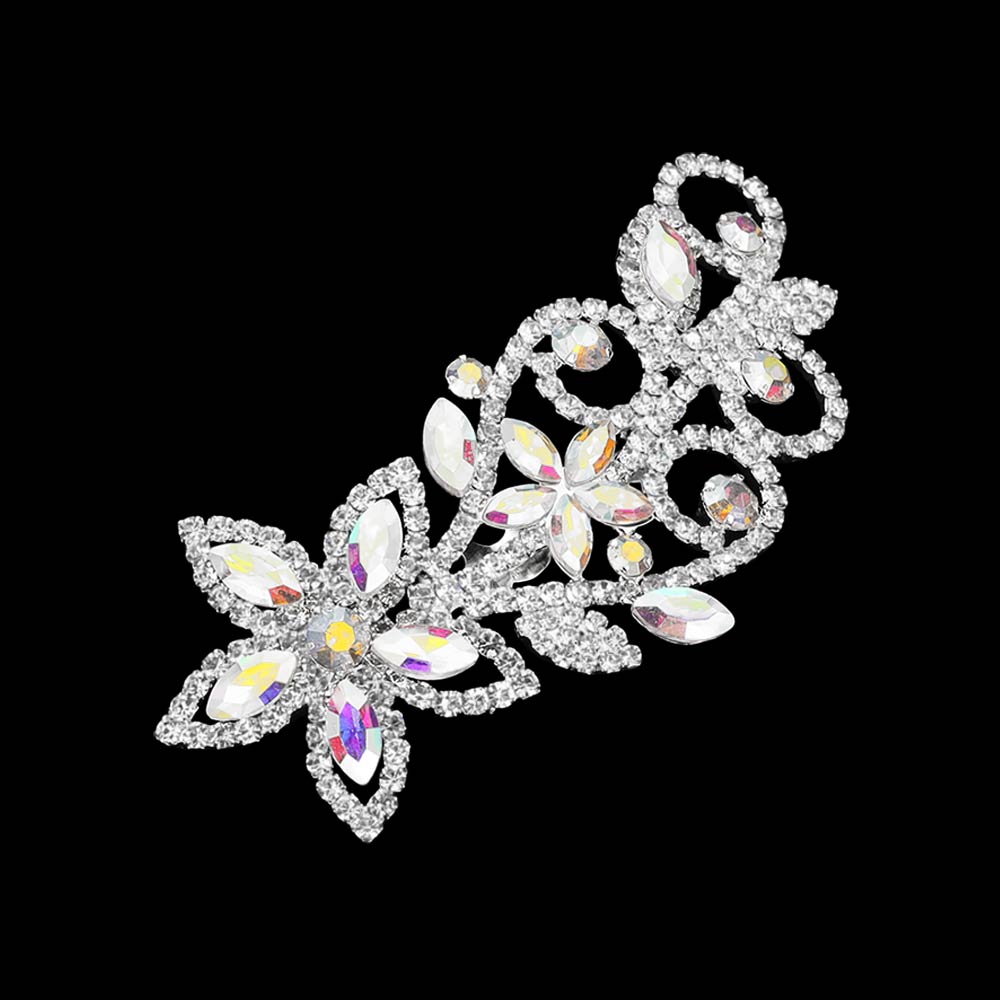 Madeline Love AB, Silver Marquise Stone Cluster Rhinestone Pave Floral Hair Comb - Hair Accessories - desc