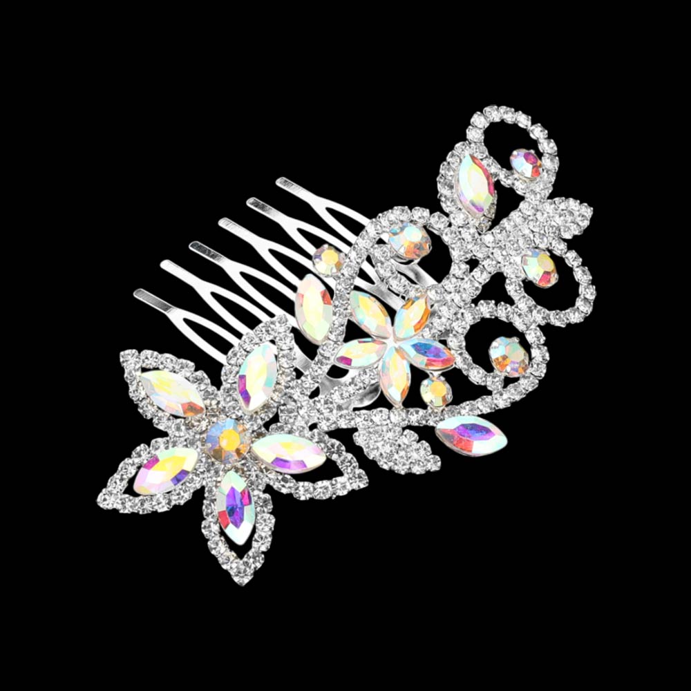 Madeline Love AB, Silver Marquise Stone Cluster Rhinestone Pave Floral Hair Comb - Hair Accessories - extra
