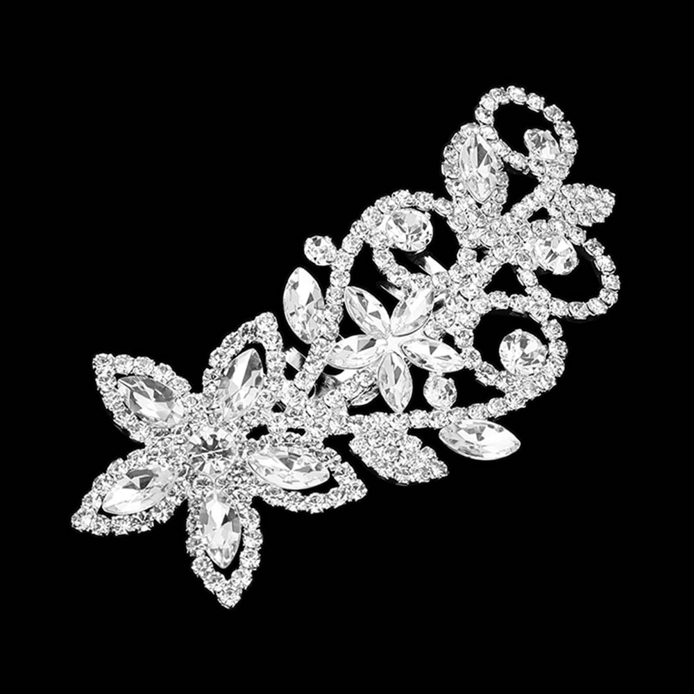 Madeline Love Clear, Silver Marquise Stone Cluster Rhinestone Pave Floral Hair Comb - Hair Accessories - desc